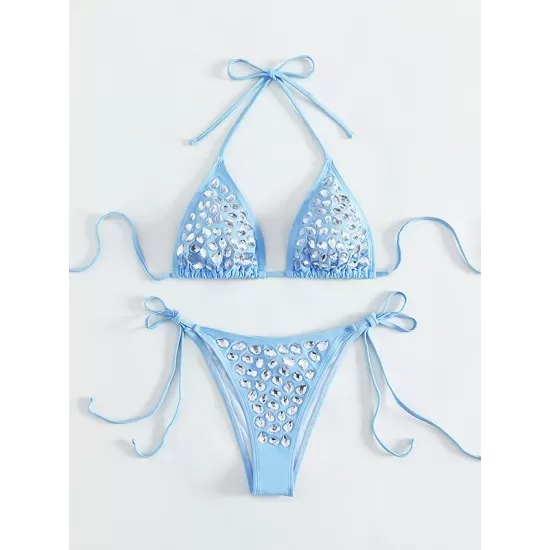 Padded Backless Bandage Belly-Hollow Halter-Neck Crystal Bikini Swimsuit Padded Backless Bandage Belly-Hollow Halter-Neck Crystal Bikini Swimsuit