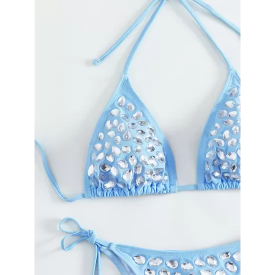 Padded Backless Bandage Belly-Hollow Halter-Neck Crystal Bikini Swimsuit Padded Backless Bandage Belly-Hollow Halter-Neck Crystal Bikini Swimsuit