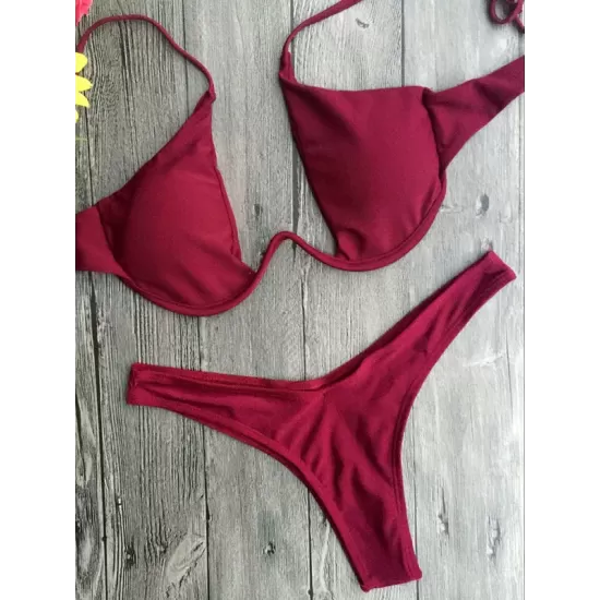 Backless Hollow Printed Solid Color Padded Spaghetti-Neck Bikini Swimsuit