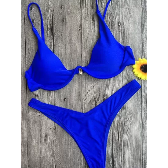 Backless Hollow Printed Solid Color Padded Spaghetti-Neck Bikini Swimsuit