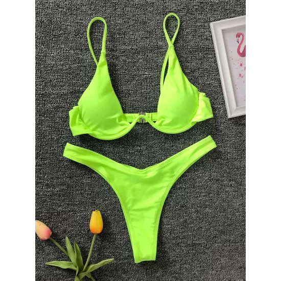 Backless Hollow Printed Solid Color Padded Spaghetti-Neck Bikini Swimsuit