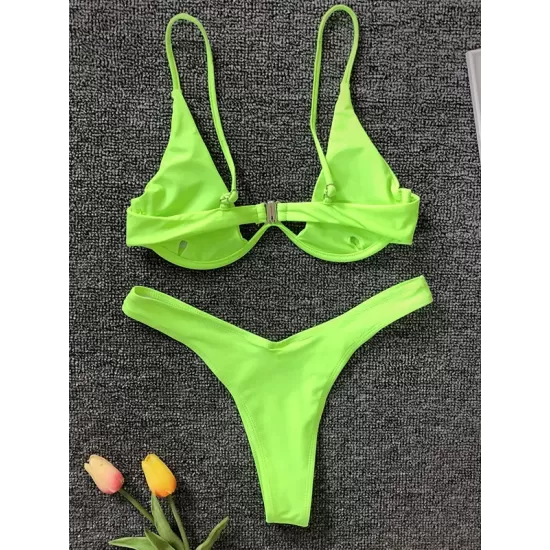 Backless Hollow Printed Solid Color Padded Spaghetti-Neck Bikini Swimsuit