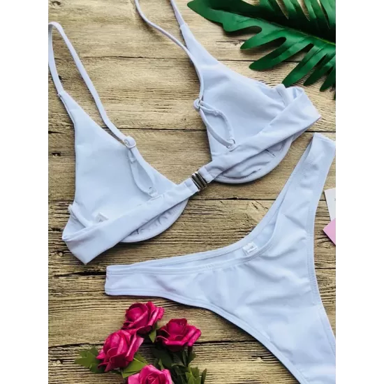 Backless Hollow Printed Solid Color Padded Spaghetti-Neck Bikini Swimsuit