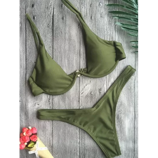 Backless Hollow Printed Solid Color Padded Spaghetti-Neck Bikini Swimsuit