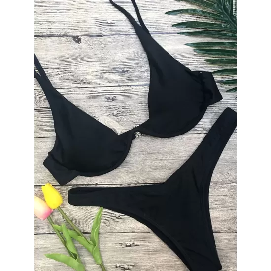 Backless Hollow Printed Solid Color Padded Spaghetti-Neck Bikini Swimsuit