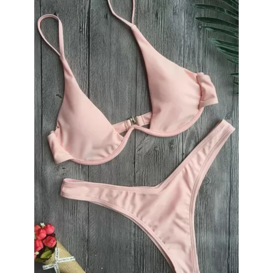 Backless Hollow Printed Solid Color Padded Spaghetti-Neck Bikini Swimsuit
