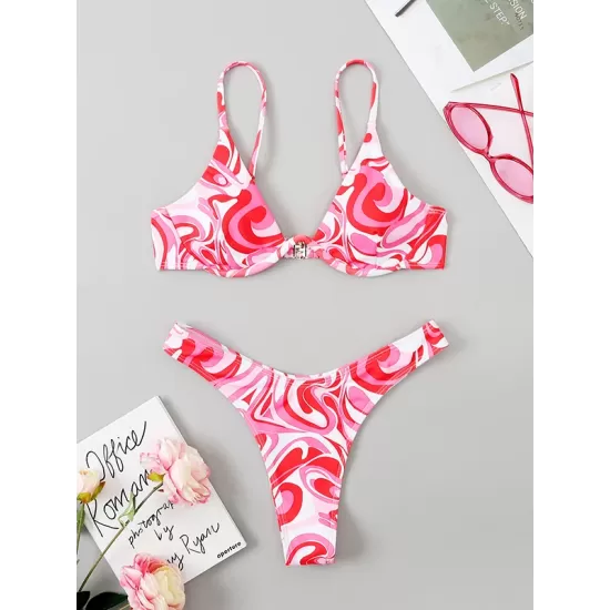 Backless Hollow Printed Solid Color Padded Spaghetti-Neck Bikini Swimsuit