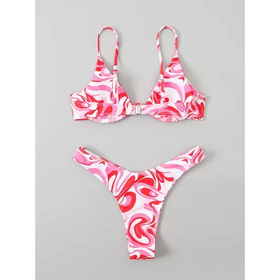 Backless Hollow Printed Solid Color Padded Spaghetti-Neck Bikini Swimsuit
