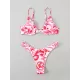 Backless Hollow Printed Solid Color Padded Spaghetti-Neck Bikini Swimsuit