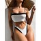 Color-Block Hollow Padded Spaghetti-Neck Bikini Swimsuit