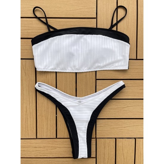 Color-Block Hollow Padded Spaghetti-Neck Bikini Swimsuit Color-Block Hollow Padded Spaghetti-Neck Bikini Swimsuit