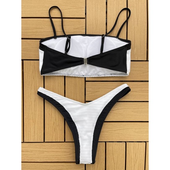 Color-Block Hollow Padded Spaghetti-Neck Bikini Swimsuit Color-Block Hollow Padded Spaghetti-Neck Bikini Swimsuit