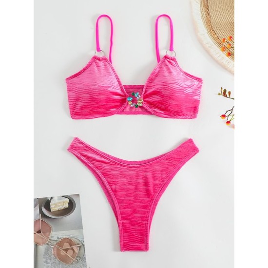 Hollow Solid Color Padded Spaghetti-Neck Bikini Swimsuit Hollow Solid Color Padded Spaghetti-Neck Bikini Swimsuit