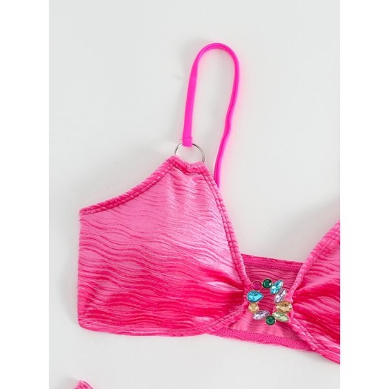 Hollow Solid Color Padded Spaghetti-Neck Bikini Swimsuit Hollow Solid Color Padded Spaghetti-Neck Bikini Swimsuit