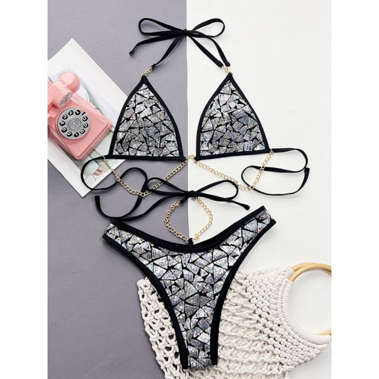 Padded Chains Sequined Halter-Neck Bikini Swimsuit Padded Chains Sequined Halter-Neck Bikini Swimsuit
