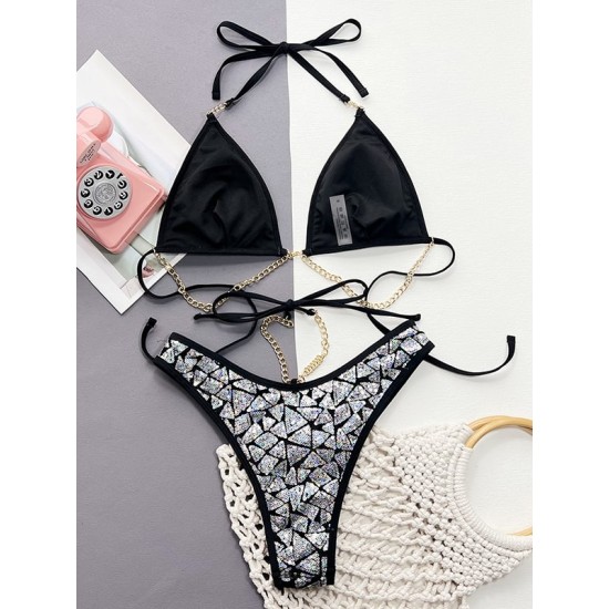 Padded Chains Sequined Halter-Neck Bikini Swimsuit Padded Chains Sequined Halter-Neck Bikini Swimsuit