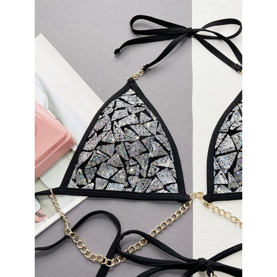 Padded Chains Sequined Halter-Neck Bikini Swimsuit Padded Chains Sequined Halter-Neck Bikini Swimsuit