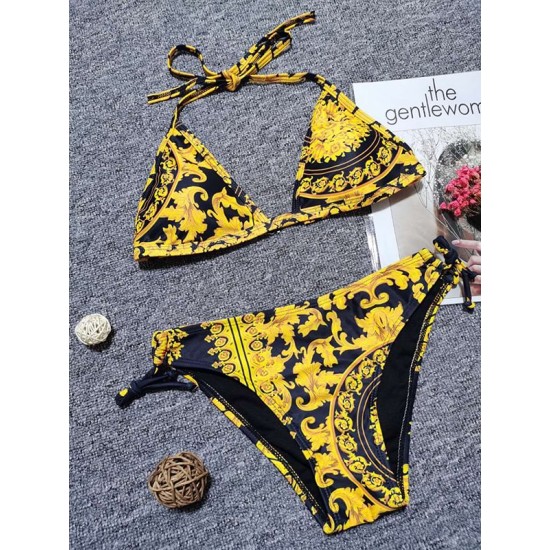 Padded Backless Bandage Floral Printed V-Neck Bikini Swimsuit Padded Backless Bandage Floral Printed V-Neck Bikini Swimsuit