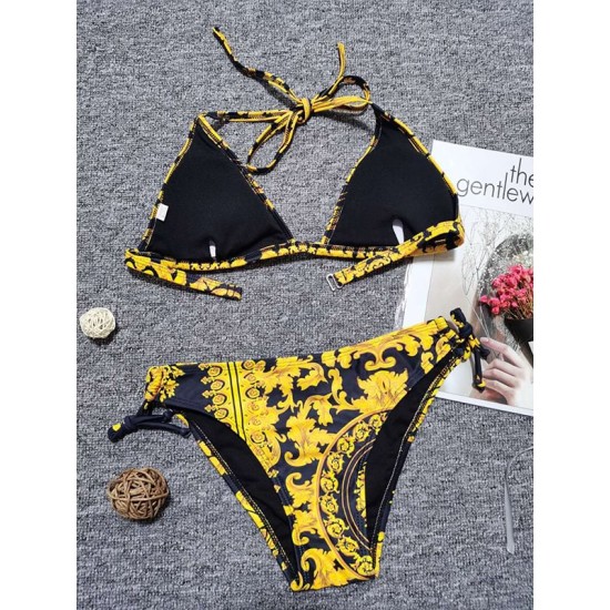 Padded Backless Bandage Floral Printed V-Neck Bikini Swimsuit Padded Backless Bandage Floral Printed V-Neck Bikini Swimsuit