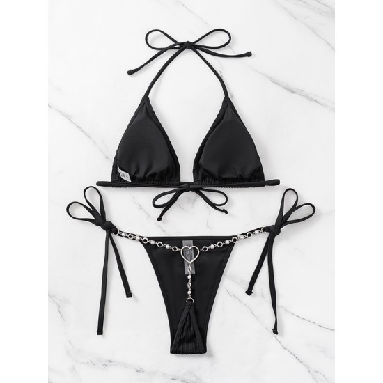 Padded Chains Heart Split-Joint Halter-Neck Bikini Swimsuit Padded Chains Heart Split-Joint Halter-Neck Bikini Swimsuit