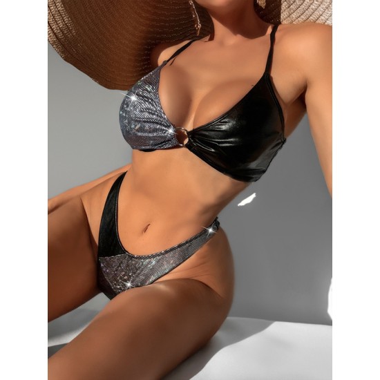 Color-Block Hollow Padded Deep V-Neck Bikini Swimsuit Color-Block Hollow Padded Deep V-Neck Bikini Swimsuit