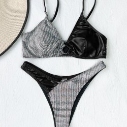 Color-Block Hollow Padded Deep V-Neck Bikini Swimsuit