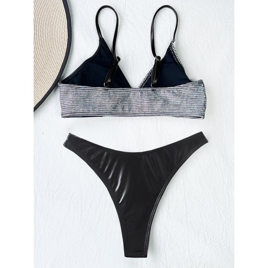 Color-Block Hollow Padded Deep V-Neck Bikini Swimsuit Color-Block Hollow Padded Deep V-Neck Bikini Swimsuit