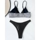 Color-Block Hollow Padded Deep V-Neck Bikini Swimsuit Color-Block Hollow Padded Deep V-Neck Bikini Swimsuit