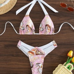 Padded Backless Hollow Shell Printed Halter-Neck Bikini Swimsuit