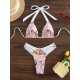 Padded Backless Hollow Shell Printed Halter-Neck Bikini Swimsuit Padded Backless Hollow Shell Printed Halter-Neck Bikini Swimsuit