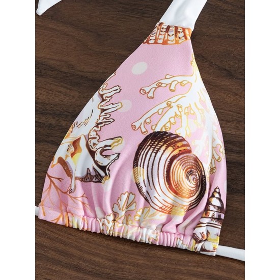 Padded Backless Hollow Shell Printed Halter-Neck Bikini Swimsuit Padded Backless Hollow Shell Printed Halter-Neck Bikini Swimsuit