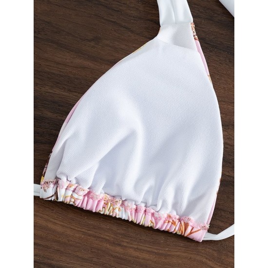 Padded Backless Hollow Shell Printed Halter-Neck Bikini Swimsuit Padded Backless Hollow Shell Printed Halter-Neck Bikini Swimsuit