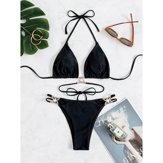 Padded Backless Bandage Hollow Halter-Neck Bikini Swimsuit Padded Backless Bandage Hollow Halter-Neck Bikini Swimsuit