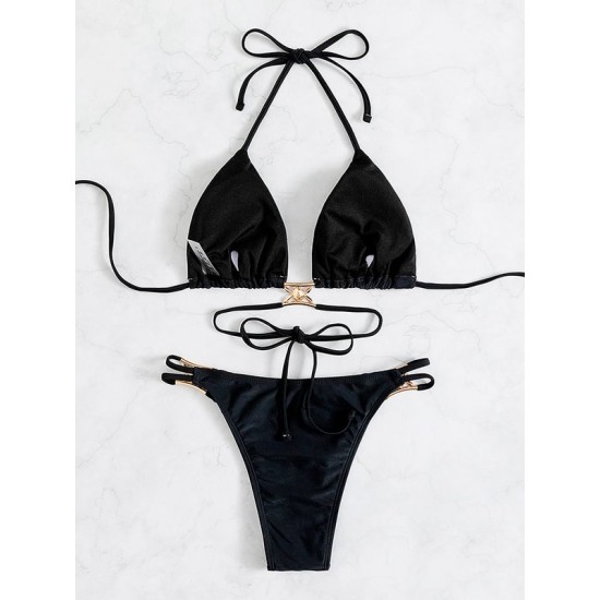 Padded Backless Bandage Hollow Halter-Neck Bikini Swimsuit Padded Backless Bandage Hollow Halter-Neck Bikini Swimsuit