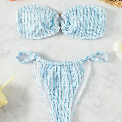 Color-Block Hollow Striped Padded Tube Bikini Swimsuit