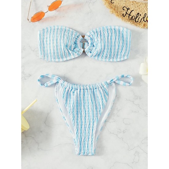 Color-Block Hollow Striped Padded Tube Bikini Swimsuit Color-Block Hollow Striped Padded Tube Bikini Swimsuit