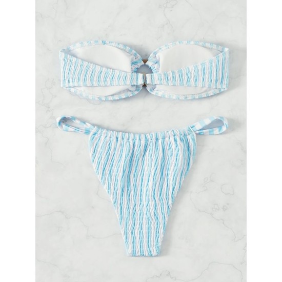 Color-Block Hollow Striped Padded Tube Bikini Swimsuit Color-Block Hollow Striped Padded Tube Bikini Swimsuit