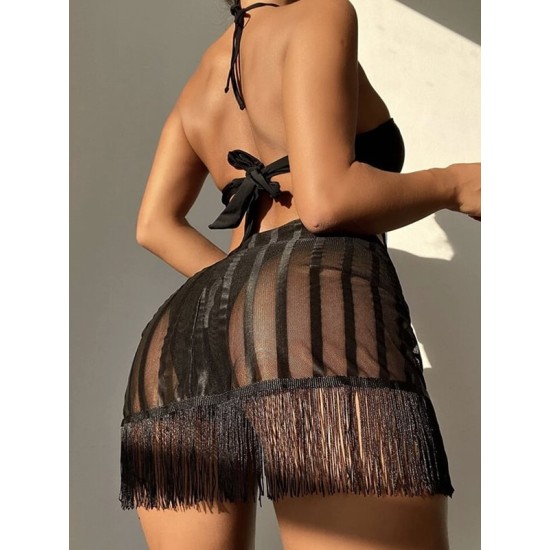 Three Piece Suit Padded Backless Tasseled Halter-Neck Bikini Swimsuit Three Piece Suit Padded Backless Tasseled Halter-Neck Bikini Swimsuit