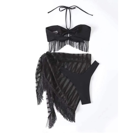 Three Piece Suit Padded Backless Tasseled Halter-Neck Bikini Swimsuit Three Piece Suit Padded Backless Tasseled Halter-Neck Bikini Swimsuit