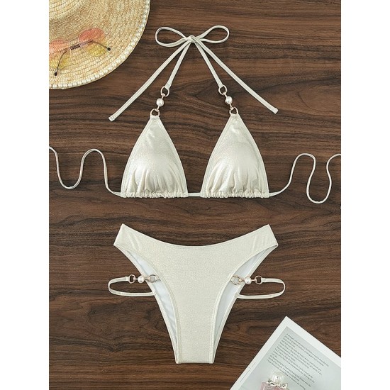 Padded Backless Bandage Beads Halter-Neck Bikini Swimsuit Padded Backless Bandage Beads Halter-Neck Bikini Swimsuit