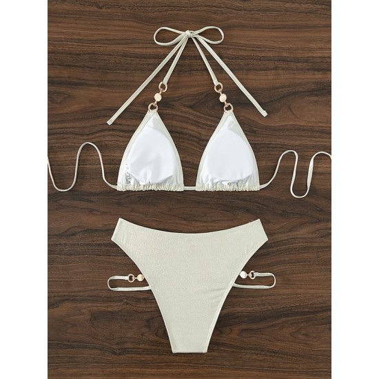 Padded Backless Bandage Beads Halter-Neck Bikini Swimsuit Padded Backless Bandage Beads Halter-Neck Bikini Swimsuit