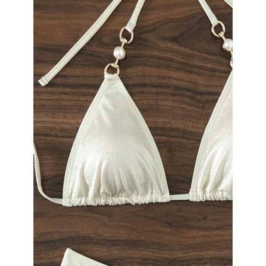 Padded Backless Bandage Beads Halter-Neck Bikini Swimsuit Padded Backless Bandage Beads Halter-Neck Bikini Swimsuit