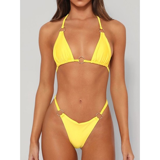 Backless Bandage Hollow Solid Color Padded Halter-Neck Bikini Swimsuit Backless Bandage Hollow Solid Color Padded Halter-Neck Bikini Swimsuit