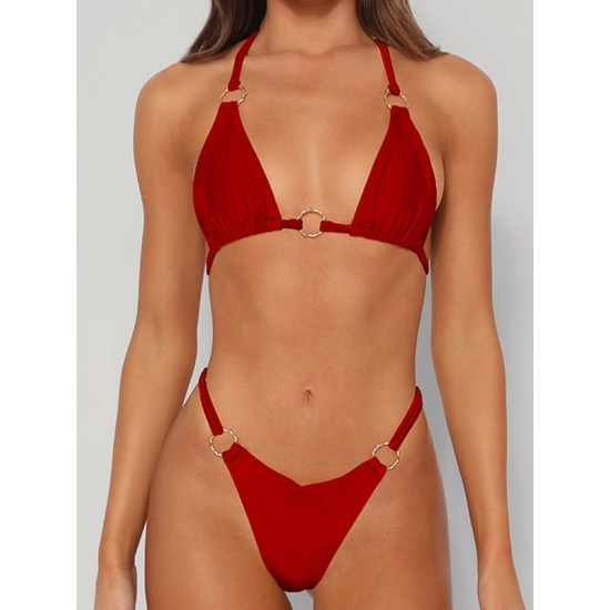 Backless Bandage Hollow Solid Color Padded Halter-Neck Bikini Swimsuit Backless Bandage Hollow Solid Color Padded Halter-Neck Bikini Swimsuit