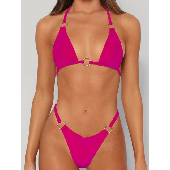Backless Bandage Hollow Solid Color Padded Halter-Neck Bikini Swimsuit Backless Bandage Hollow Solid Color Padded Halter-Neck Bikini Swimsuit