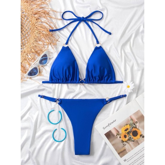 Backless Bandage Hollow Solid Color Padded Halter-Neck Bikini Swimsuit Backless Bandage Hollow Solid Color Padded Halter-Neck Bikini Swimsuit