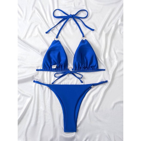 Backless Bandage Hollow Solid Color Padded Halter-Neck Bikini Swimsuit Backless Bandage Hollow Solid Color Padded Halter-Neck Bikini Swimsuit