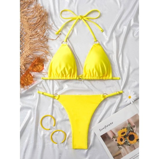 Backless Bandage Hollow Solid Color Padded Halter-Neck Bikini Swimsuit Backless Bandage Hollow Solid Color Padded Halter-Neck Bikini Swimsuit