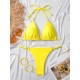 Backless Bandage Hollow Solid Color Padded Halter-Neck Bikini Swimsuit Backless Bandage Hollow Solid Color Padded Halter-Neck Bikini Swimsuit