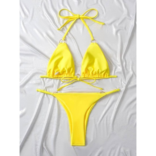 Backless Bandage Hollow Solid Color Padded Halter-Neck Bikini Swimsuit Backless Bandage Hollow Solid Color Padded Halter-Neck Bikini Swimsuit